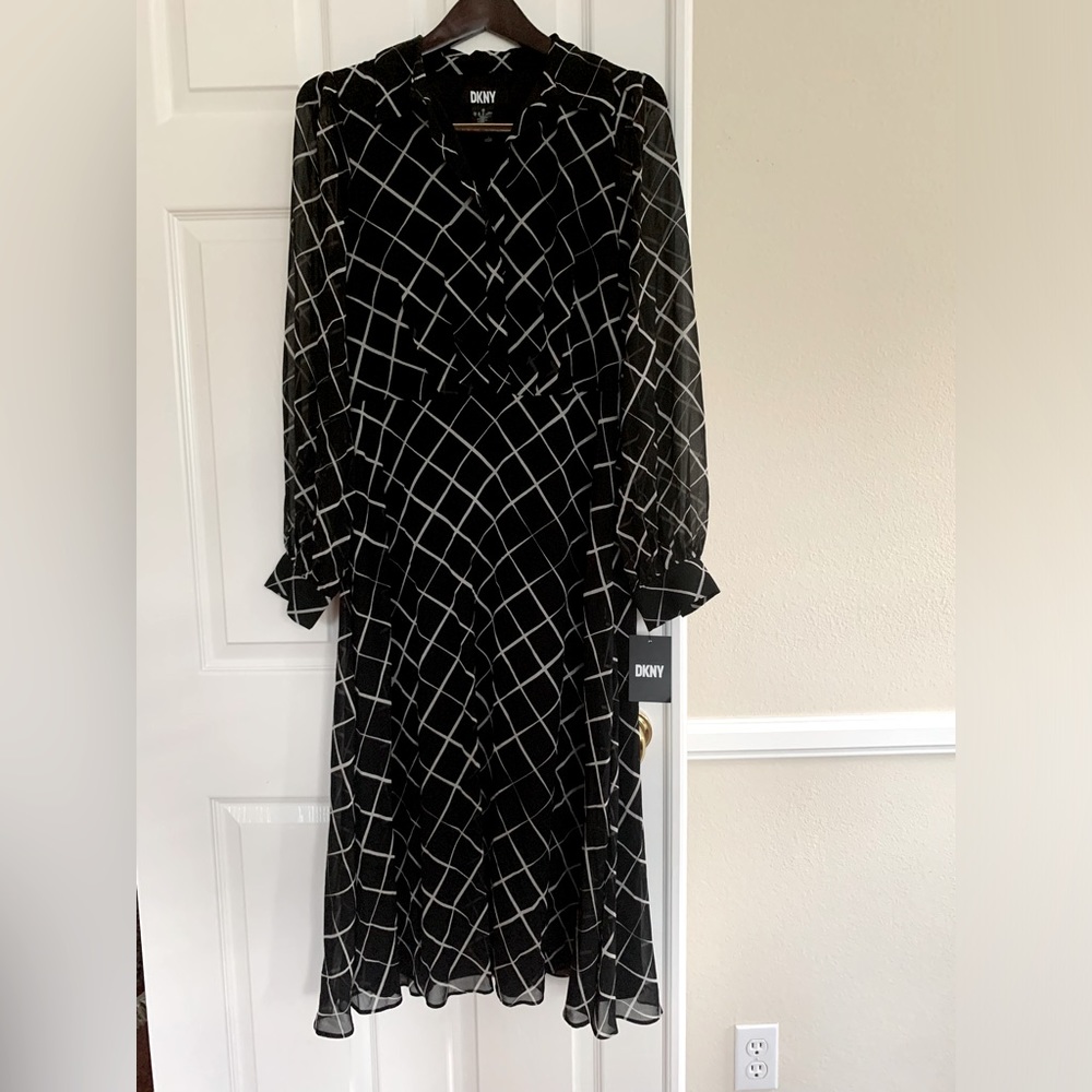 NWT DKNY Midi Dress: Black, Ivory Windowpane Print, Long Sleeve Lined Zip 10
